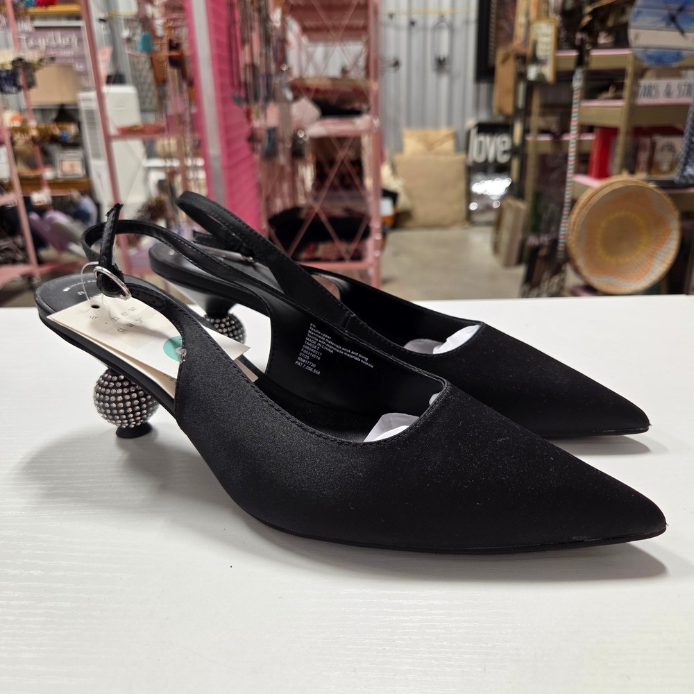 A New Day Simone Black Slingback Pumps Rhinestone Ball Heel Size 9.5 NEW